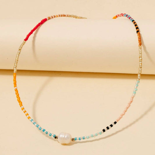 Seed Beaded Pearl Charm Necklace