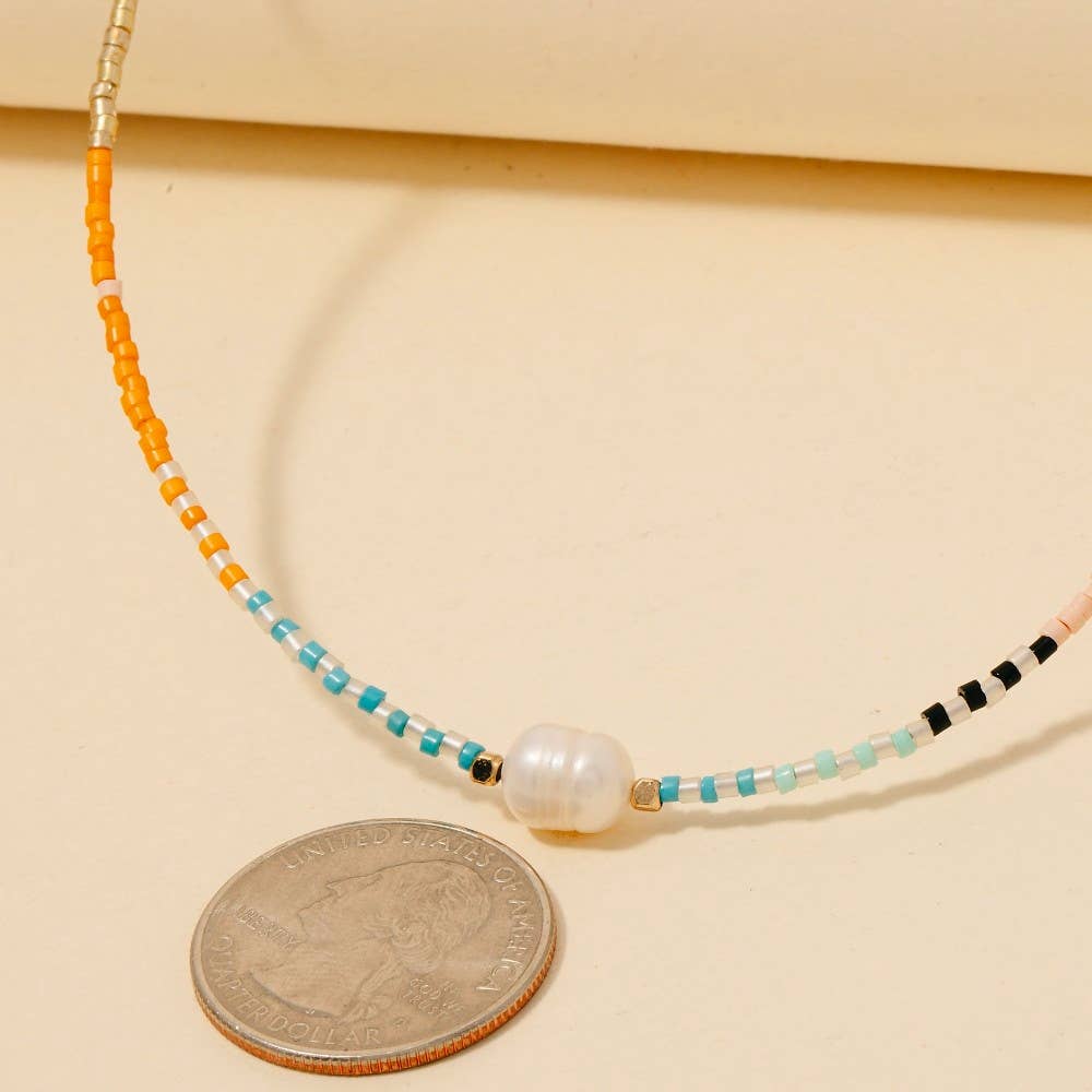 Seed Beaded Pearl Charm Necklace