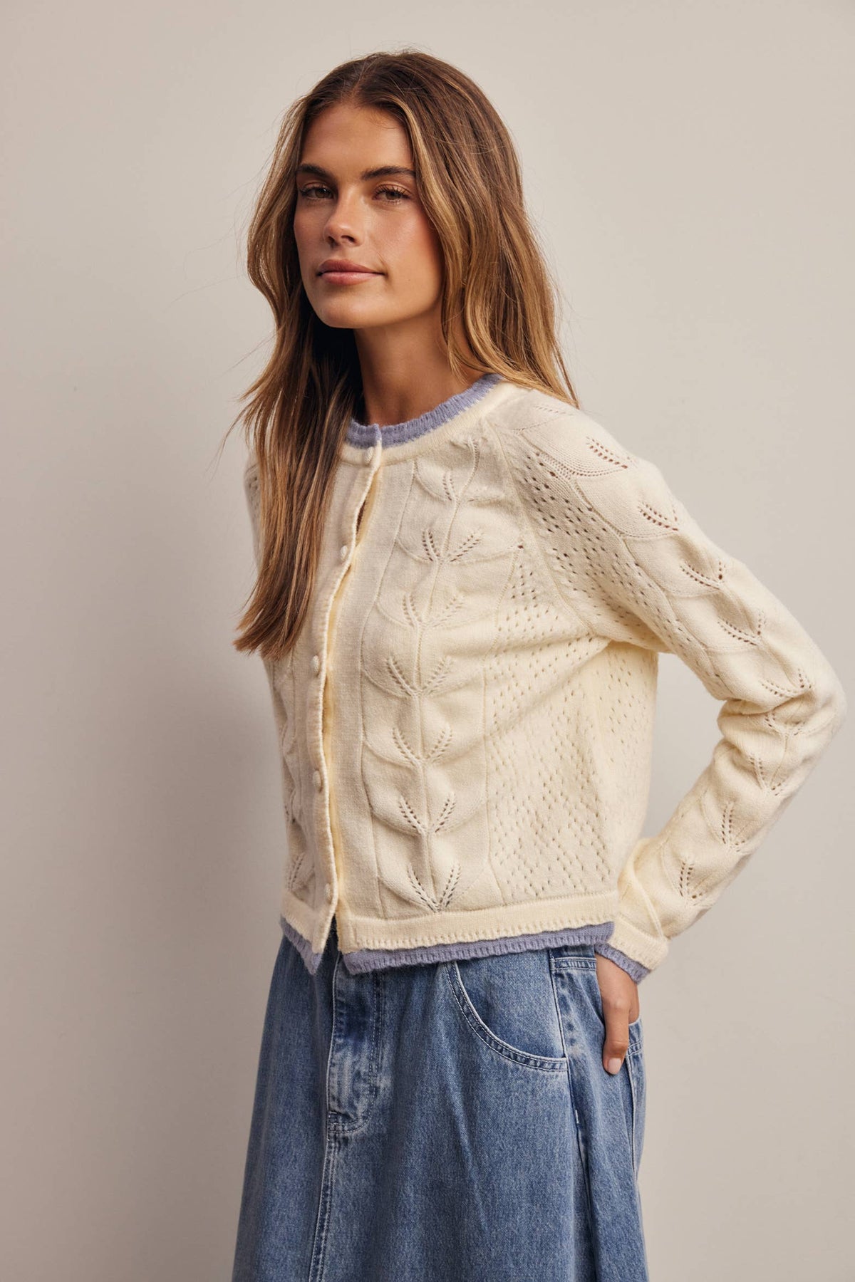 Trim Pointelle Knit Cardigan