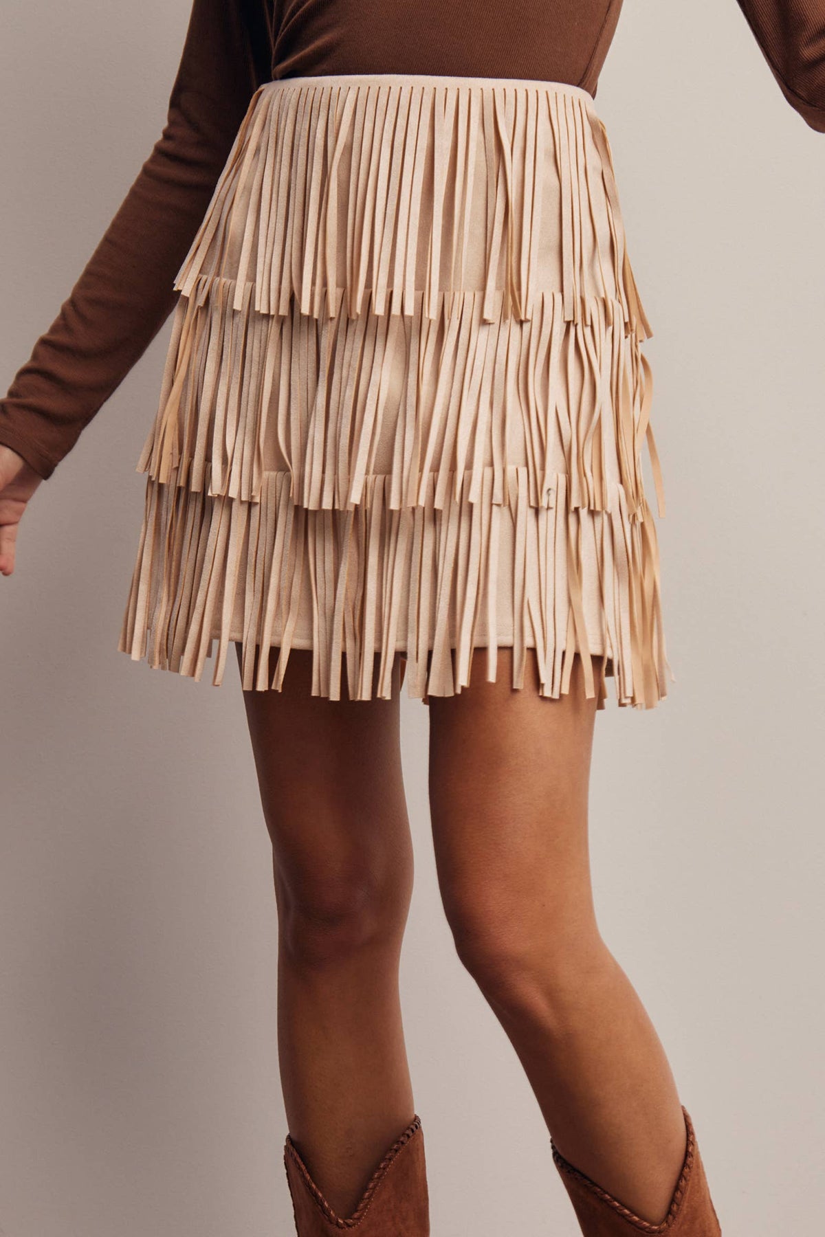 Tiered Fringe Suede Mini Skirt