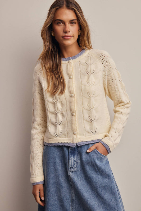 Trim Pointelle Knit Cardigan