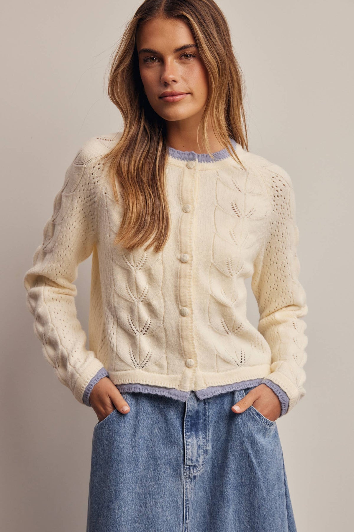 Trim Pointelle Knit Cardigan