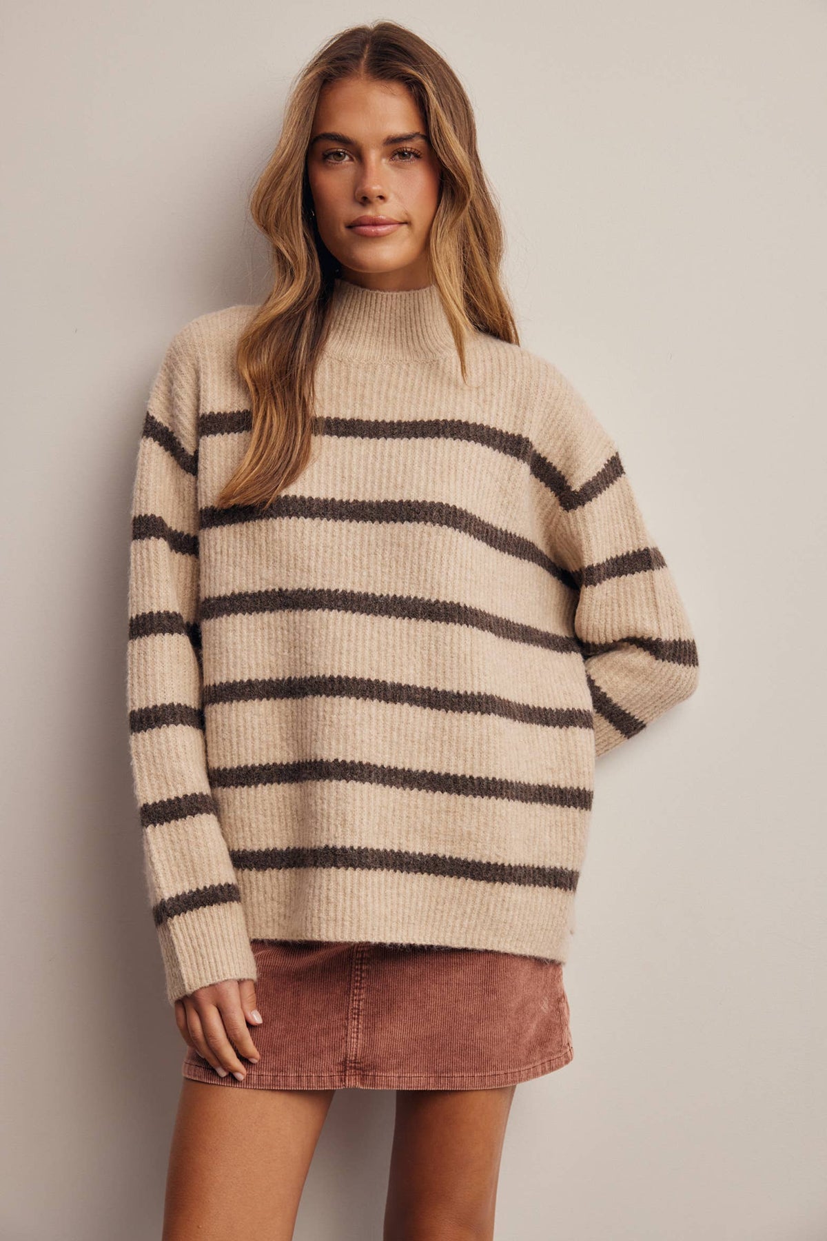 Striped Mock Neck Knit Sweater