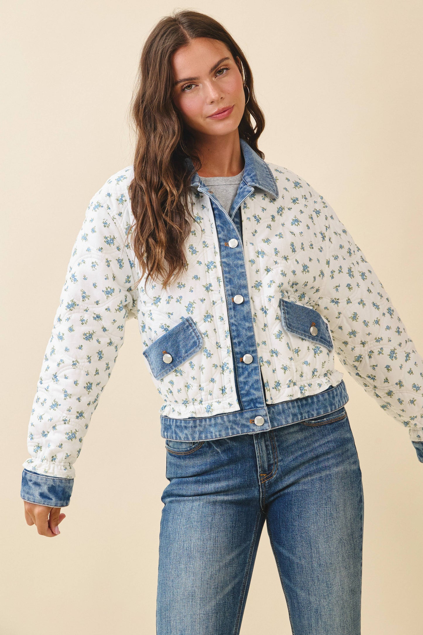Floral Denim Trim Jacket