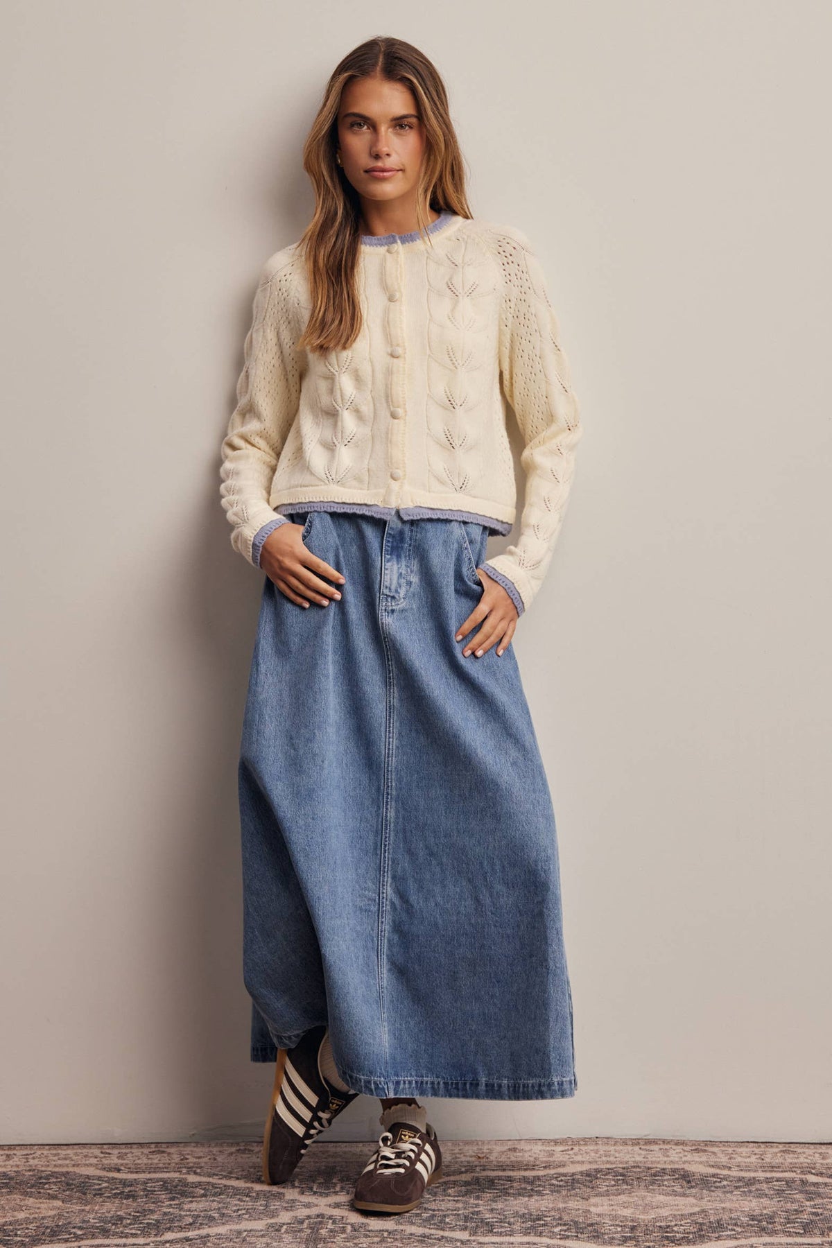 Trim Pointelle Knit Cardigan