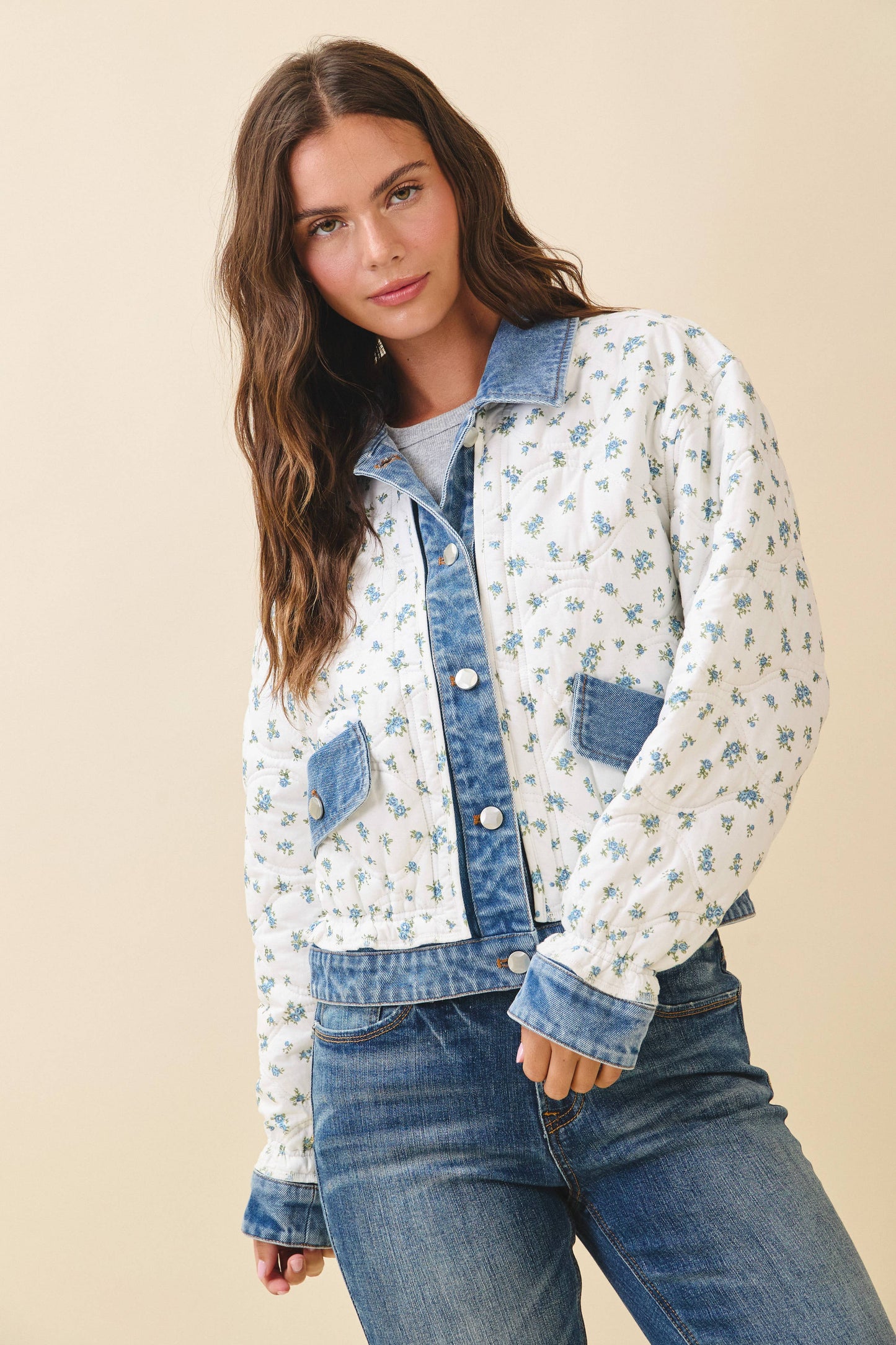 Floral Denim Trim Jacket