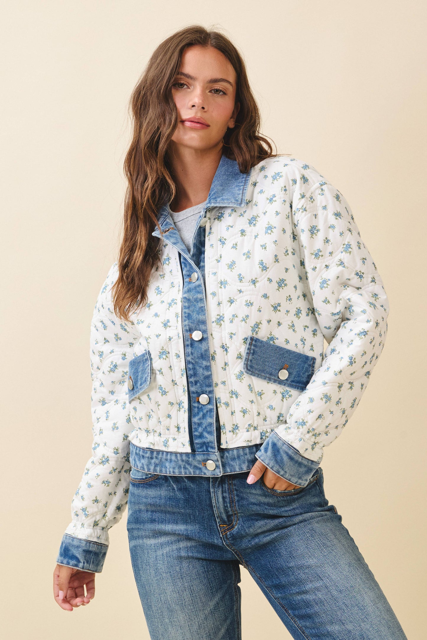 Floral Denim Trim Jacket