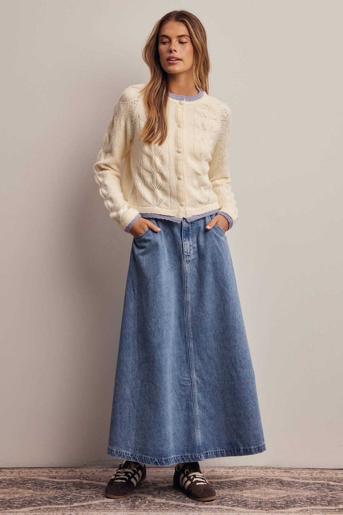 Trim Pointelle Knit Cardigan