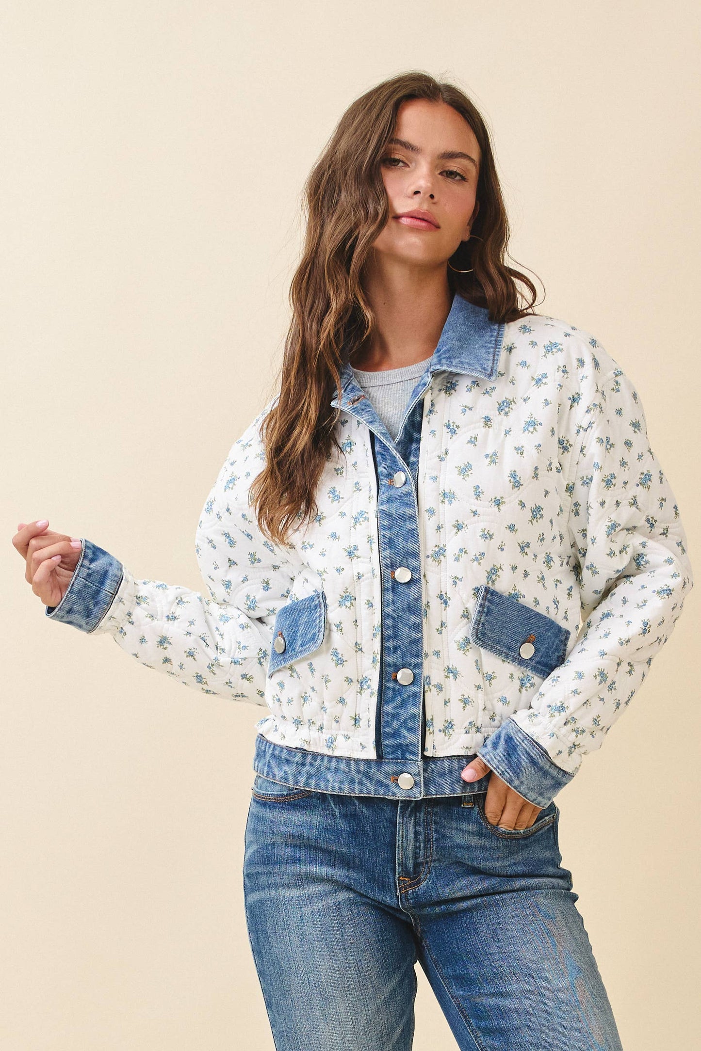 Floral Denim Trim Jacket
