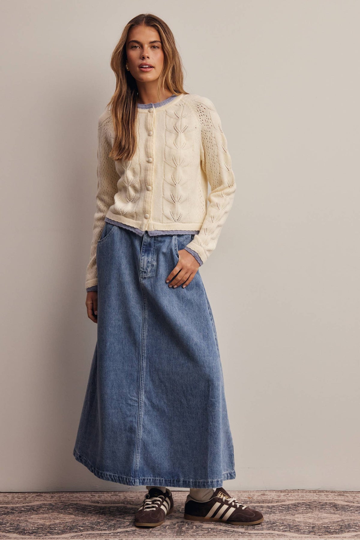 Trim Pointelle Knit Cardigan