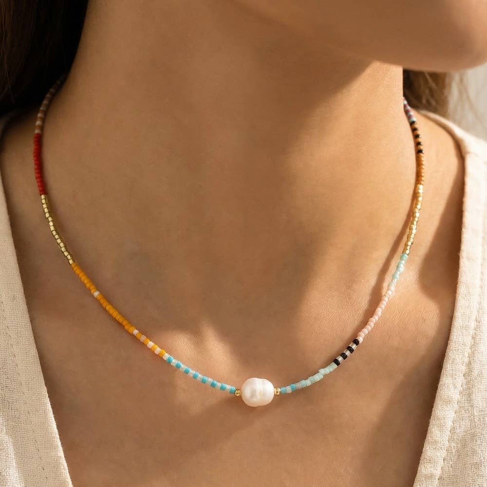 Seed Beaded Pearl Charm Necklace