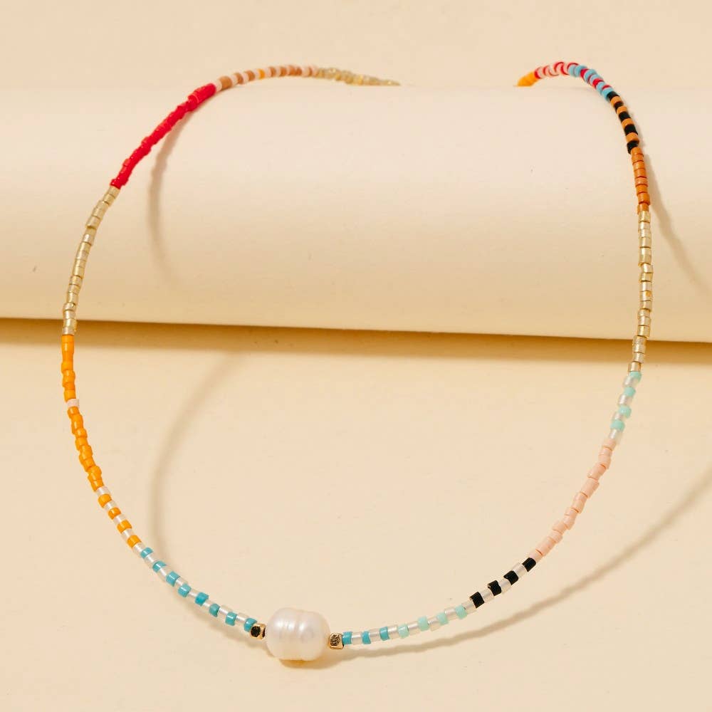 Seed Beaded Pearl Charm Necklace