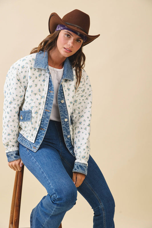 Floral Denim Trim Jacket