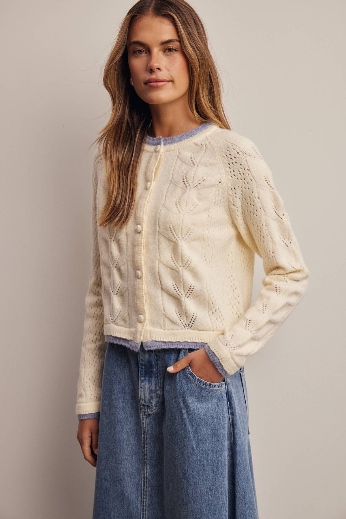 Trim Pointelle Knit Cardigan