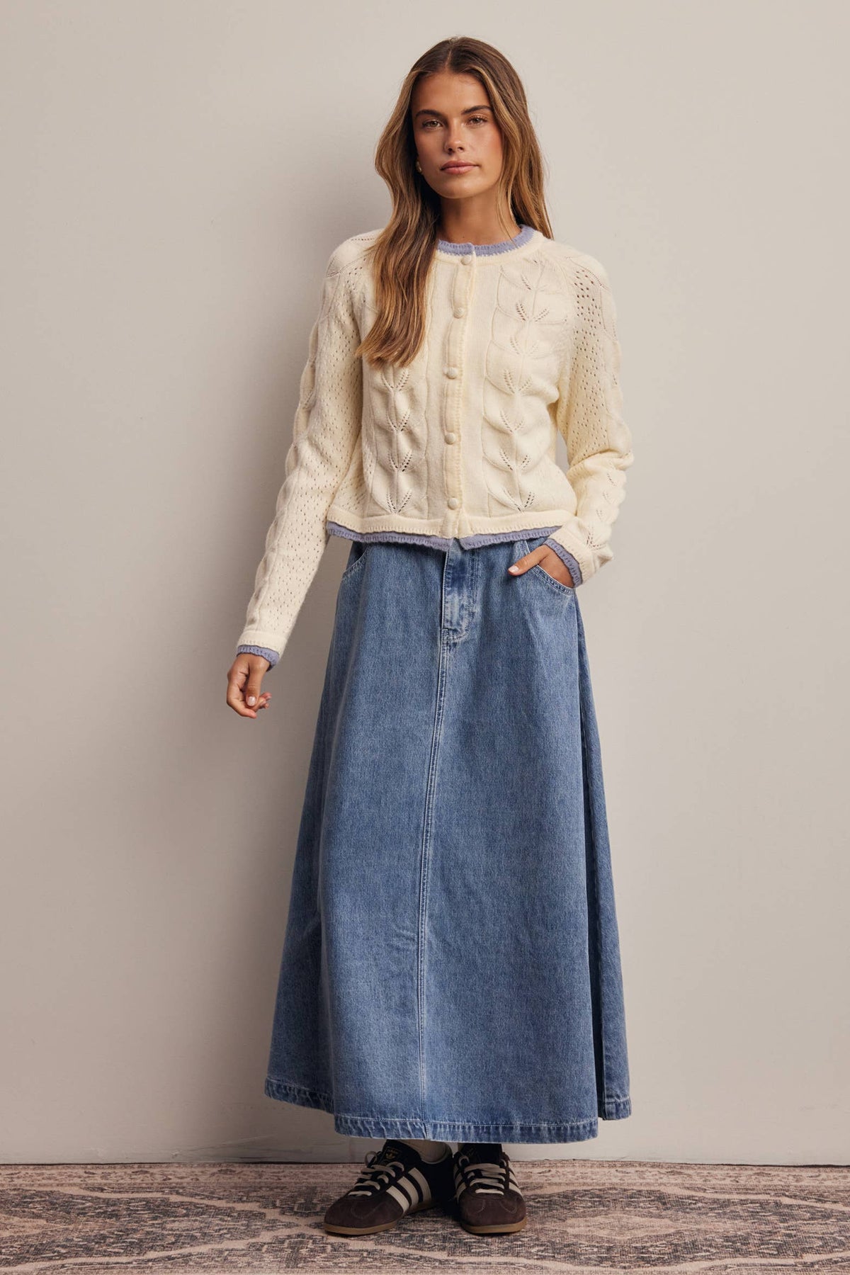 Trim Pointelle Knit Cardigan