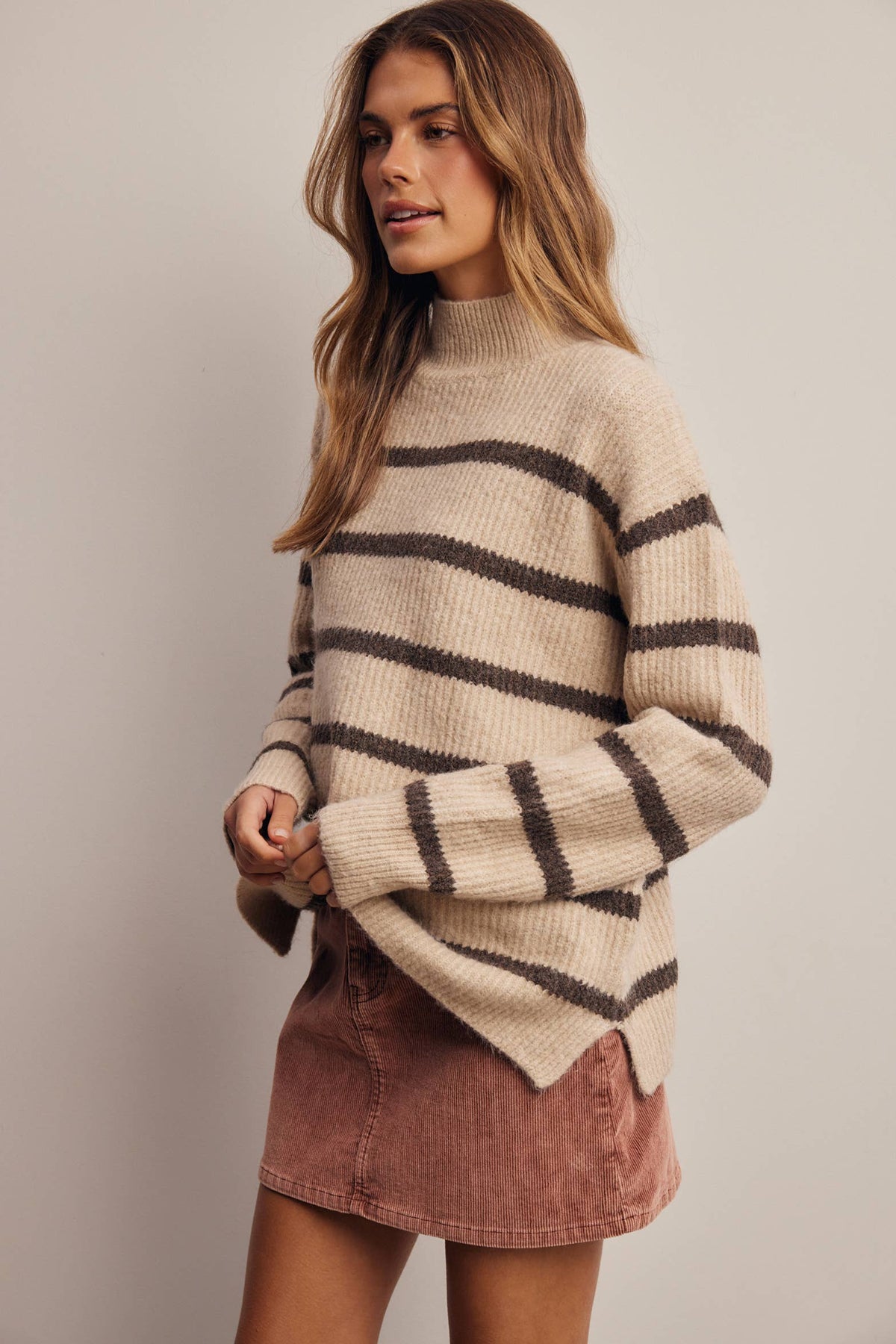 Striped Mock Neck Knit Sweater